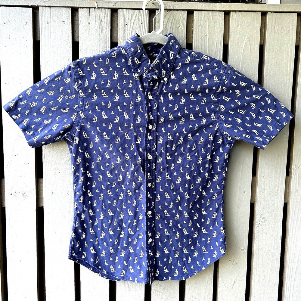 Polo Ralph Lauren Shirt Button Down Men's Medium‎ Short Sleeve Blue Sailboat